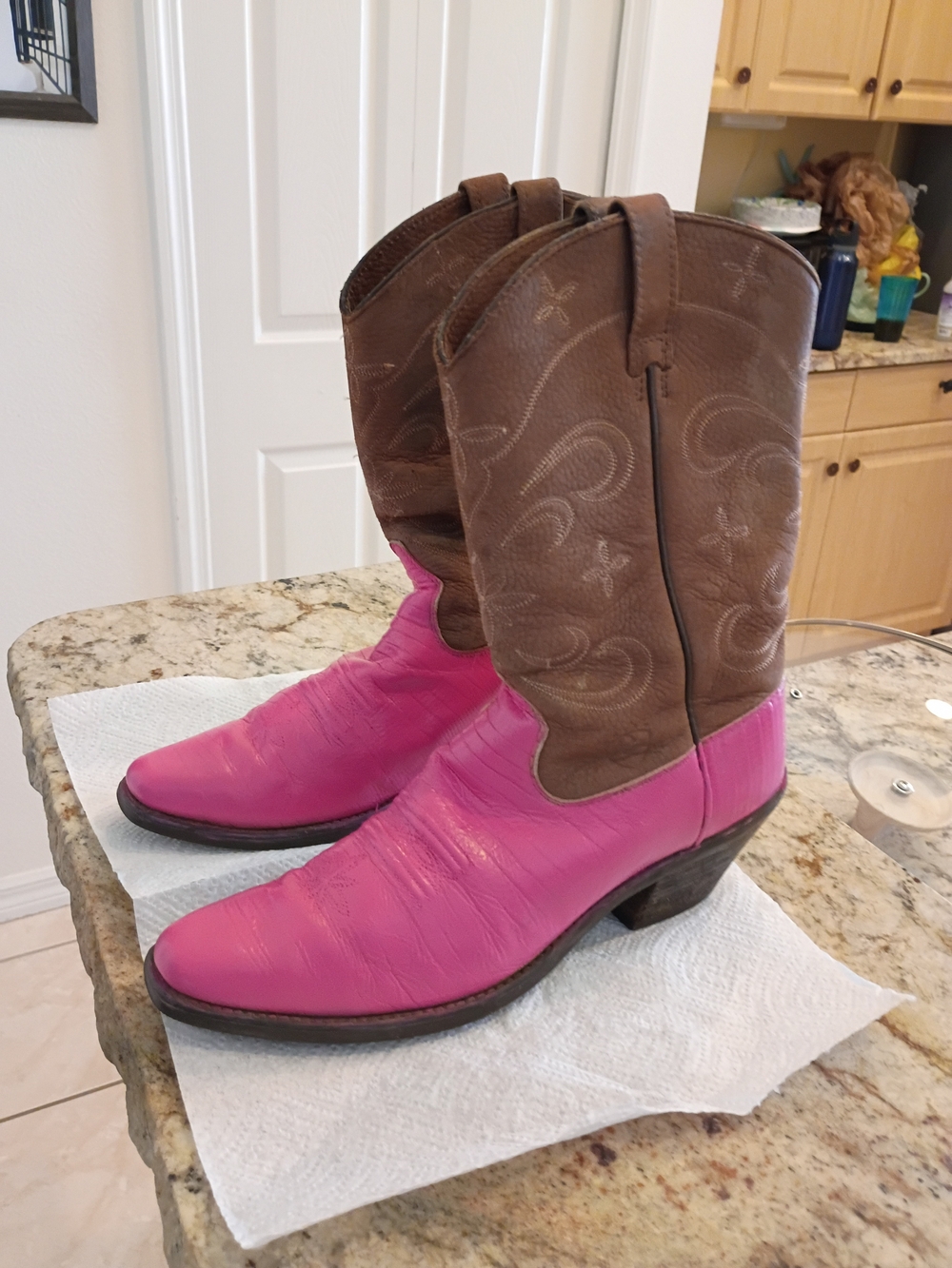 Ariat Brown Leather Shaft Hot Pink Foot Cowboy Boots Rare! Show Stopping! 10